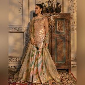 NEW Faiza Saqlain Ravza Peach Pink Green Gharara Chiffon Jora Set Small w Potli